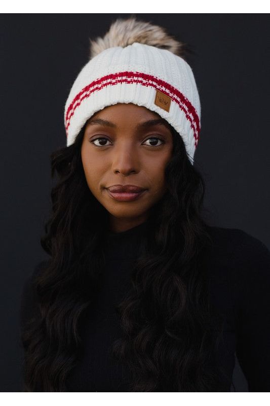 Creamy Striped Pom Hat