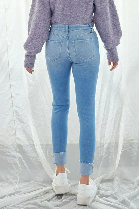 Kan Can Button Light Rolled Hem Jeans