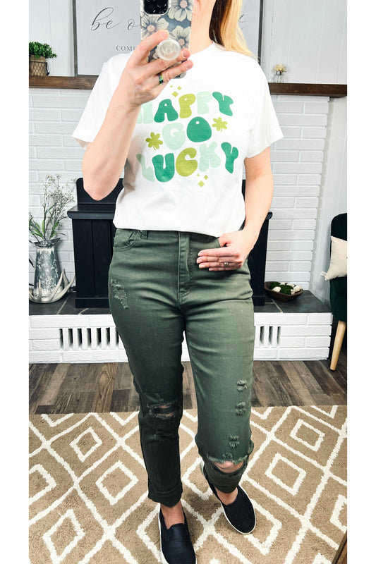 White ☘️ Happy Go Lucky Tee